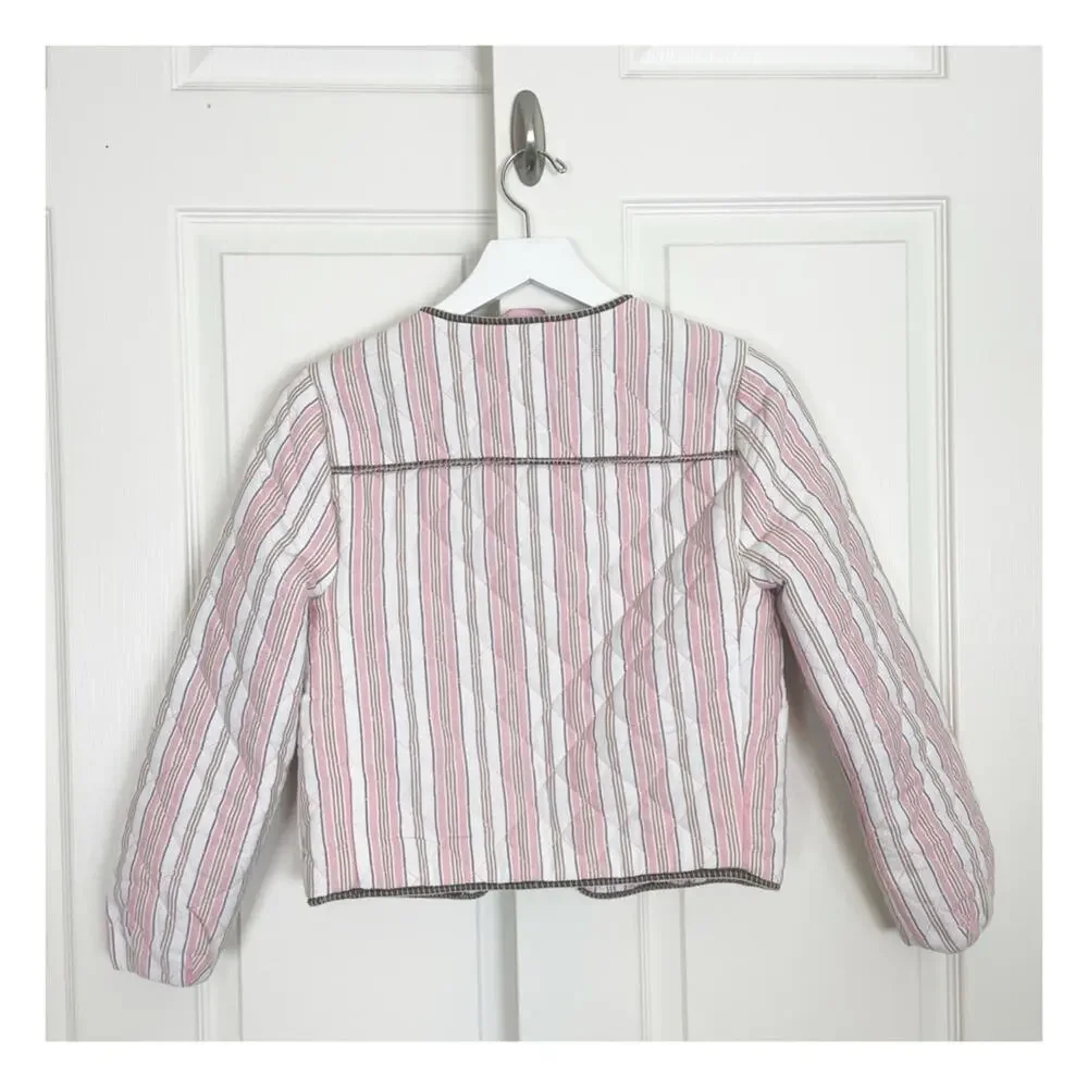 Boden Striped Embroidered Quilted Jacket Beaded Pink Crop Length Sz XS - Picture 8 of 13